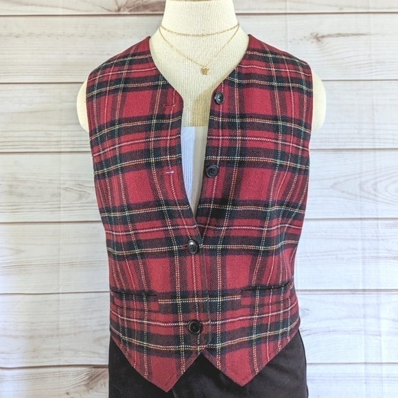 Vintage Eddie Bauer Tartan Tie Back Wool Vest in Red and Green Plaid Size Small - Picture 3 of 10
